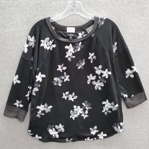 Simply Vera Vera Wang Women Sweater Medium Black Floral Lightweight 3/4 Sleeve